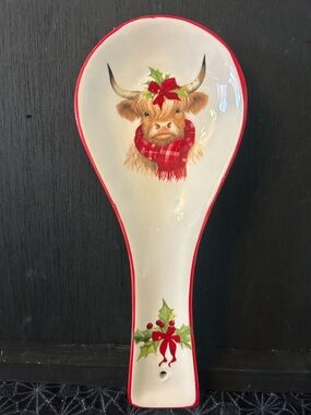 Festive Highland Cow Ceramic Spoon Rest - Red Trim 4”x10”